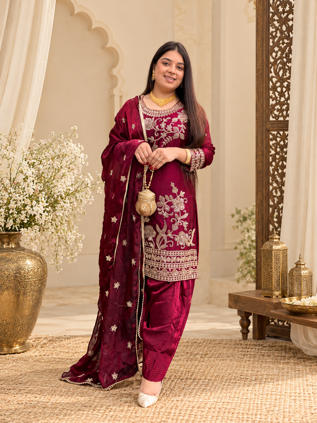 Saanjh Farshi Salwar Suit- Wine