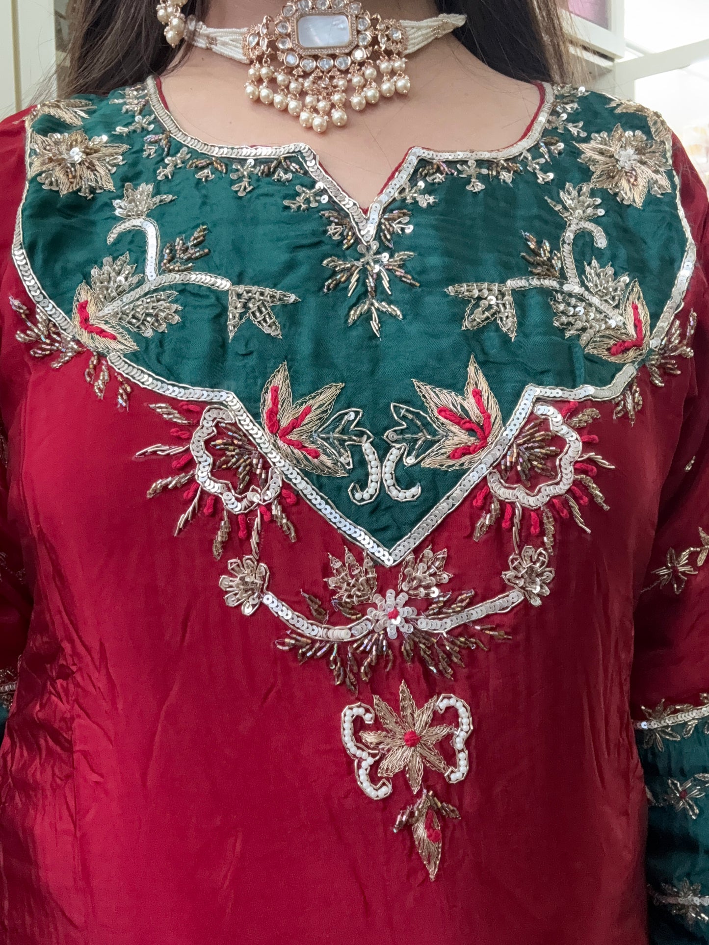 Bebo- Mahroon Handwork suit/Bell Bottom Style
