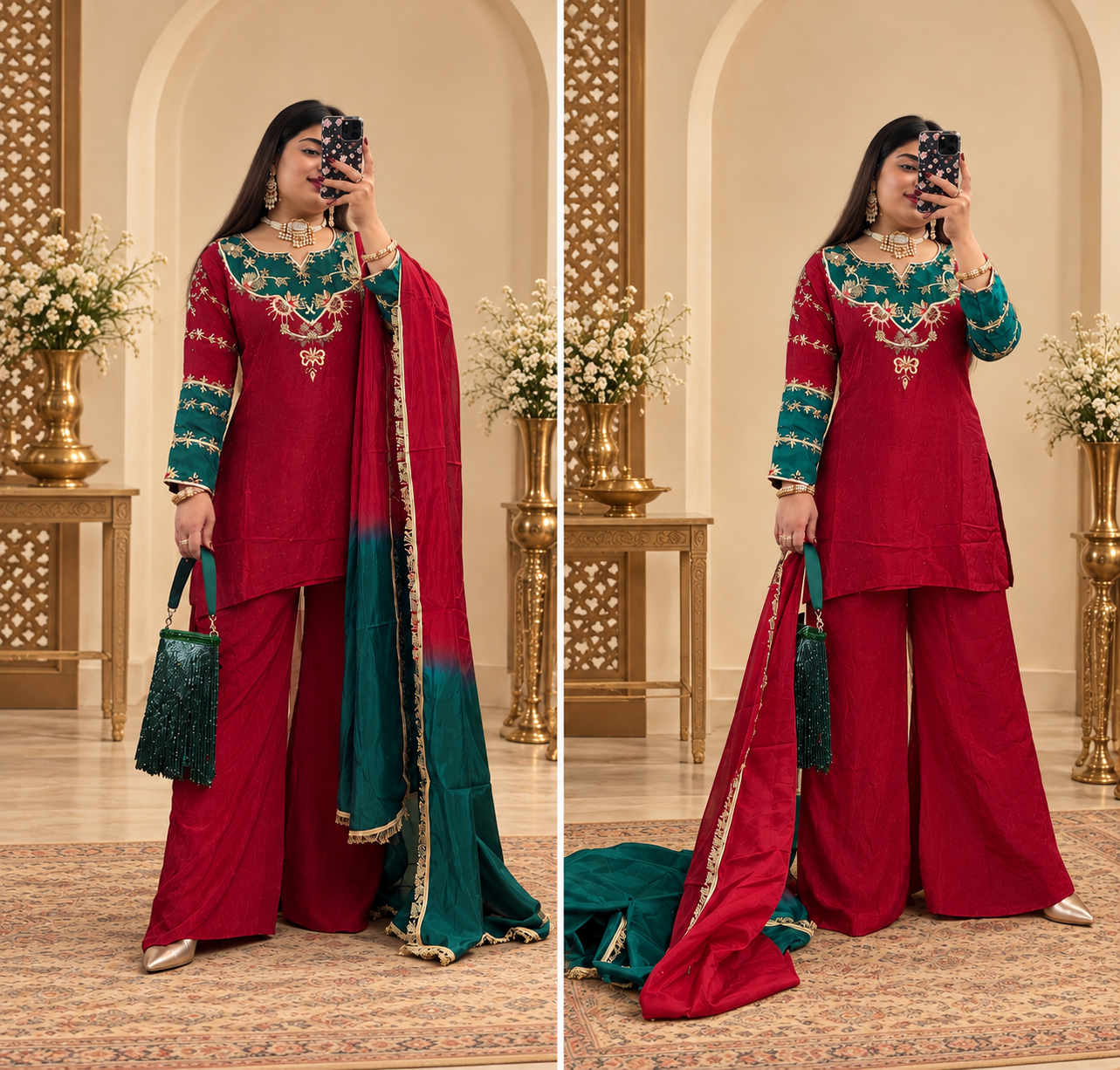 Bebo- Mahroon Handwork suit/Bell Bottom Style
