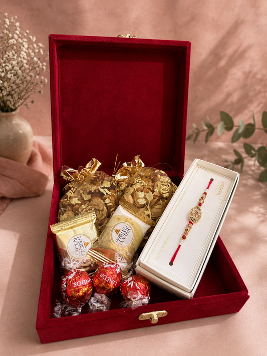 Veer Di Rakhdi Maroon Velvet Rakhi Hamper