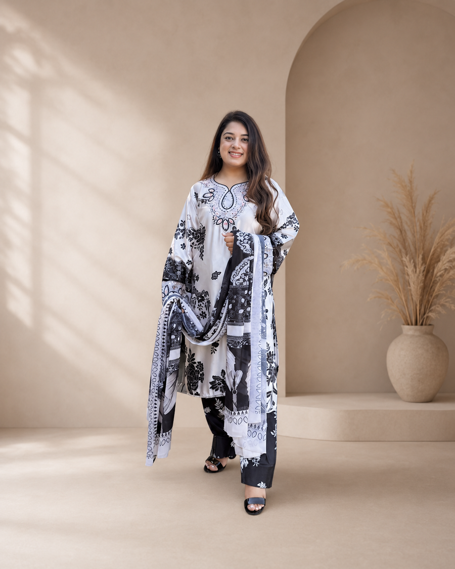 Ivory Noir Premium Digital Print Satin Silk Suit