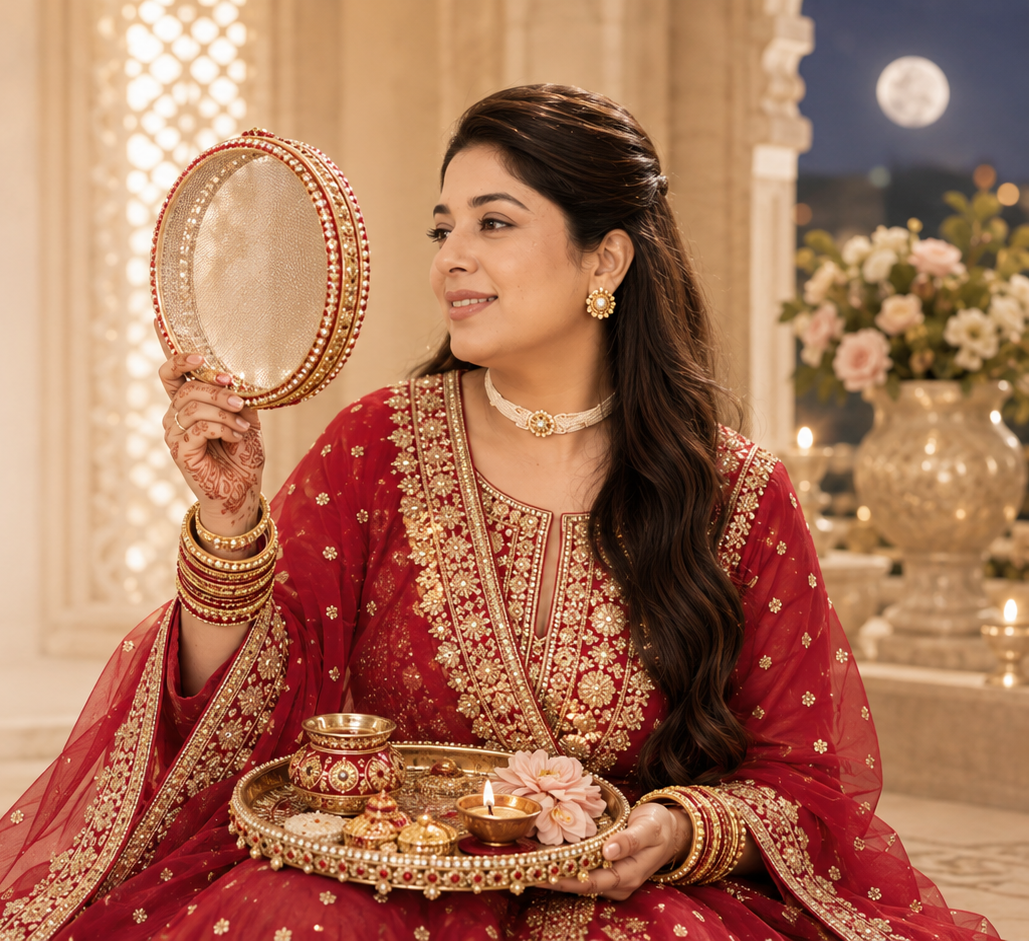 A woman in a traditional red and gold embroidered Indian outfit holds a mirror and a decorative tray with lit oil lamps, posed indoors with floral decor and the text 'Karwa Chauth' on a warm beige background.