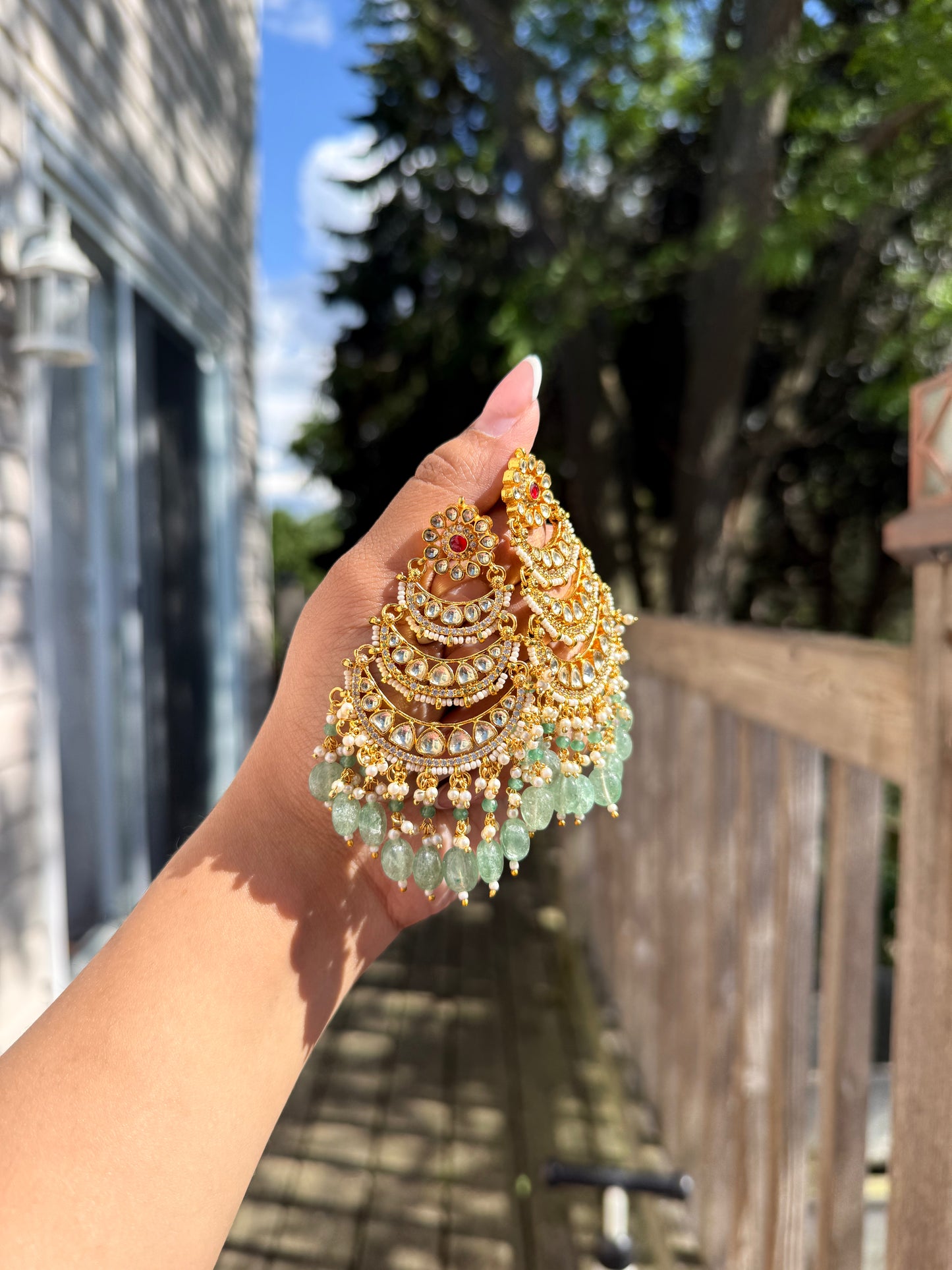 Riwayat Pachi Kundan Long Earrings - Mint
