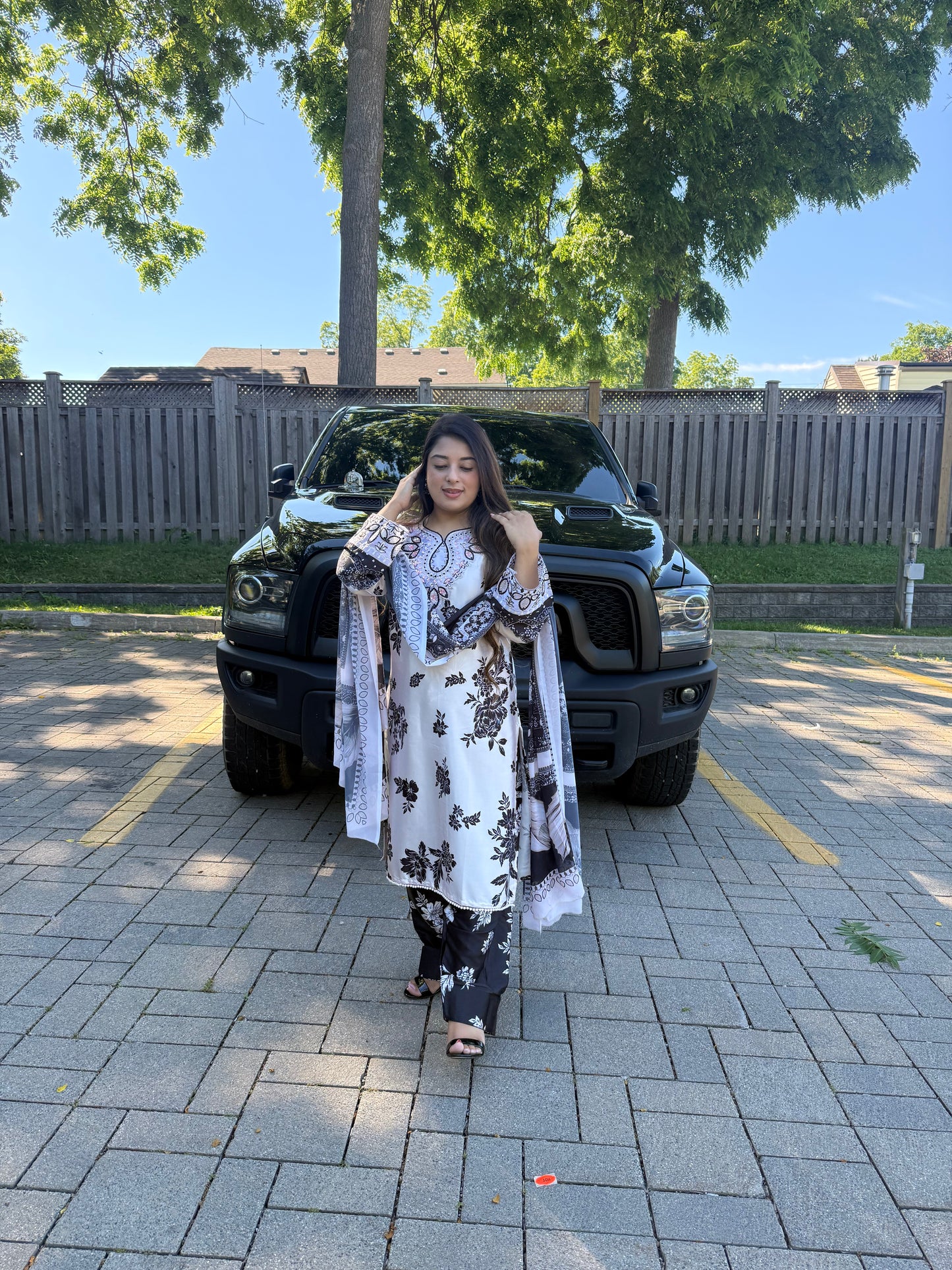 Ivory Noir Premium Digital Print Satin Silk Suit