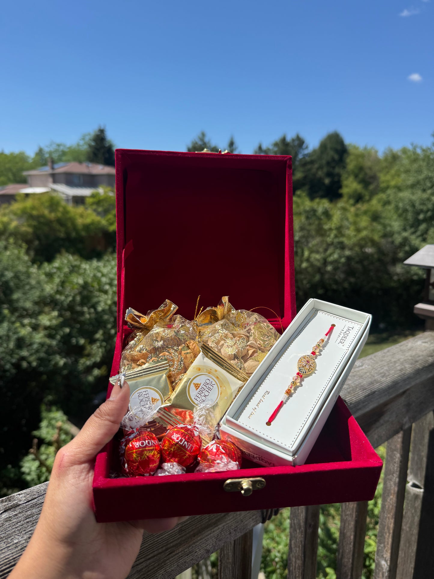Veer Di Rakhdi Maroon Velvet Rakhi Hamper