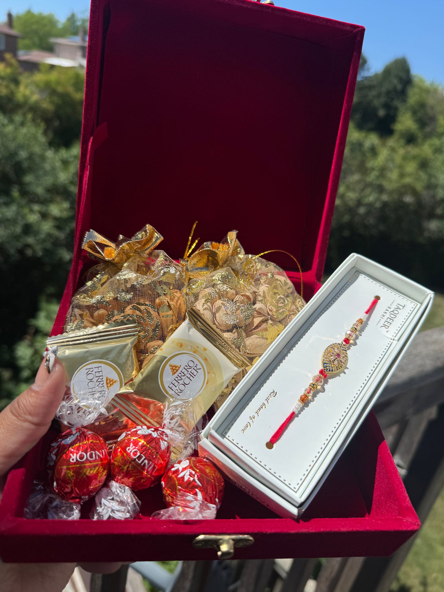 Veer Di Rakhdi Maroon Velvet Rakhi Hamper