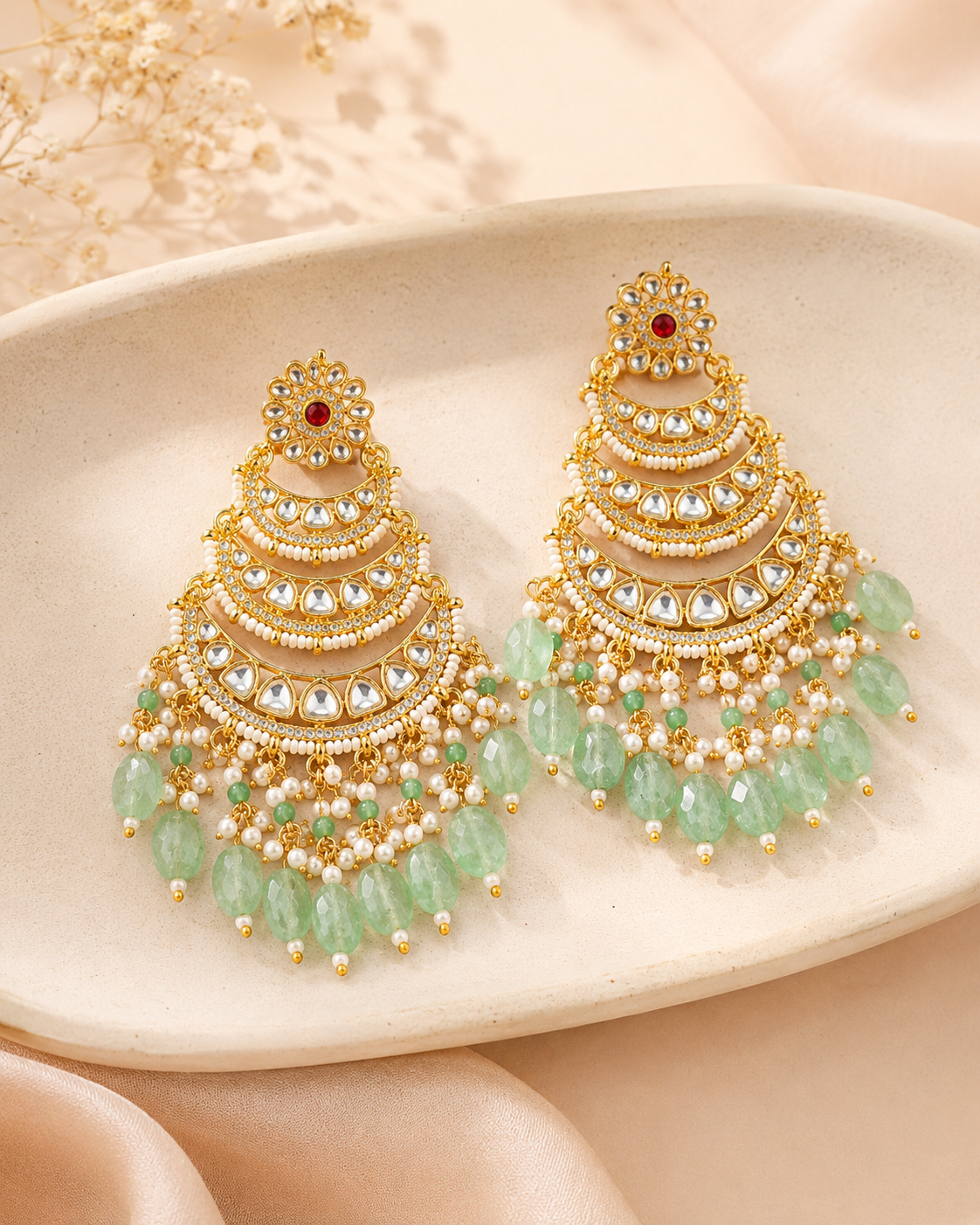 Riwayat Pachi Kundan Long Earrings - Mint